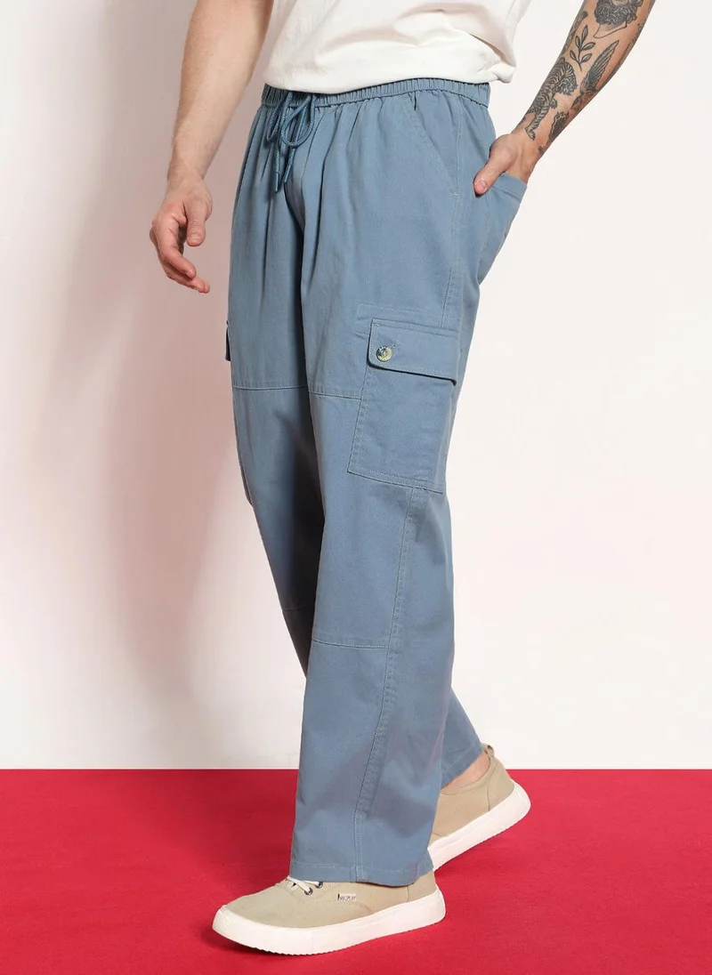 أوربانو فاشن Urbano Fashion Men's Steel Blue Loose Baggy Fit Cargo Jogger Chino Pant with 6 Pockets Stretchable